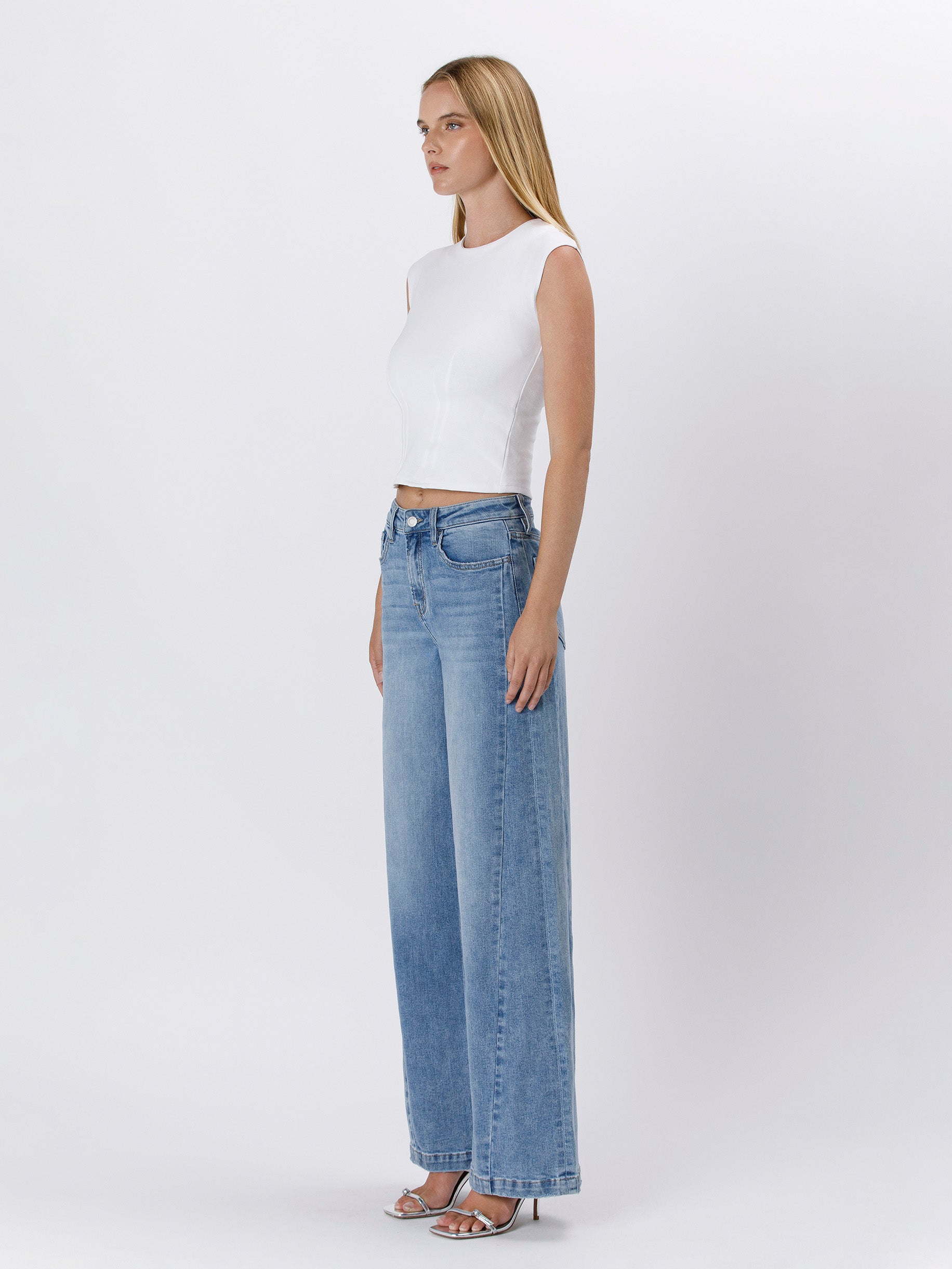 High Rise Seam Detail Palazzo Jeans Vervet