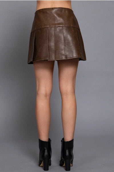 Vintage Wash Faux Leather Pleats Skirt