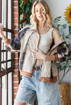 Washed Plaid Contrast Zip Closure Corduroy Jacket