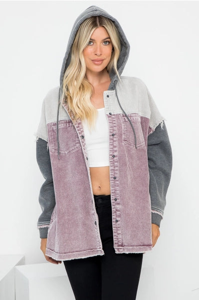 Washed Color Block Hooded Shacket