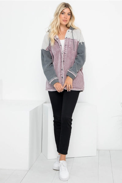 Washed Color Block Hooded Shacket
