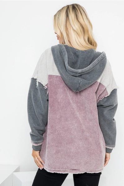 Washed Color Block Hooded Shacket