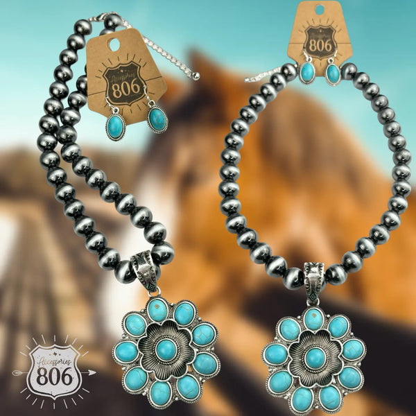 Western Flower, Silver Bead Necklace Set - 2 Options
