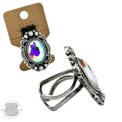 Western Silver and Iridescent Statement Ring