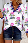 White Floral Print Pop of Color V-neck Long Sleeve Blouse