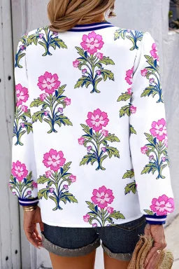 White Floral Print Pop of Color V-neck Long Sleeve Blouse