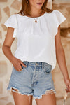 White Flounce Sleeve Pleated Textured Blouse