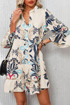 White Printed Tribal Bracelet Sleeve Buttoned Mini Dress