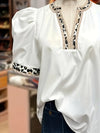 Puff Sleeve Blouse with Leopard Contrast Trim - 2 Colors