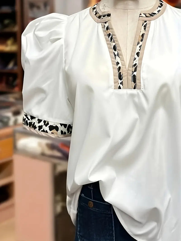 Puff Sleeve Blouse with Leopard Contrast Trim - 2 Colors