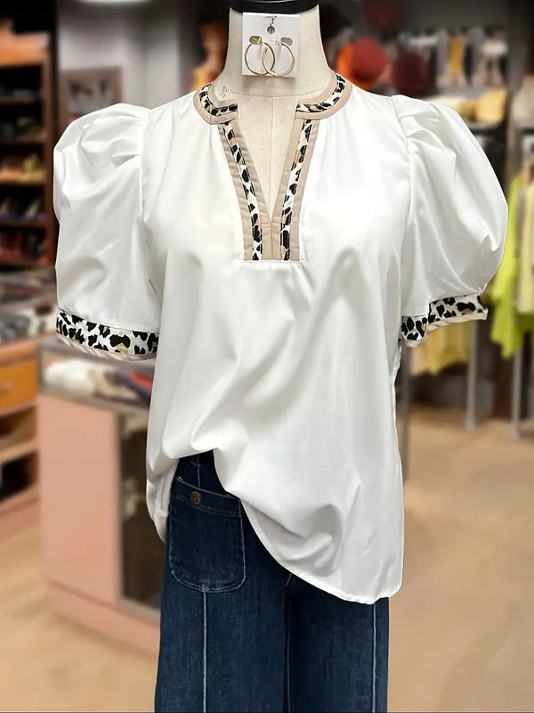 Puff Sleeve Blouse with Leopard Contrast Trim - 2 Colors