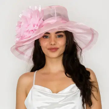 Wide Brim Organza Hat with Detachable Floral Fascinator Clip