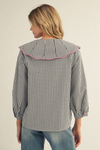 3/4 Sleeve Wide Collar Gingham Peasant Top
