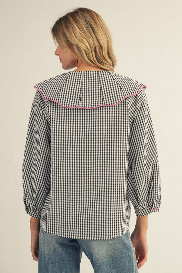 3/4 Sleeve Wide Collar Gingham Peasant Top