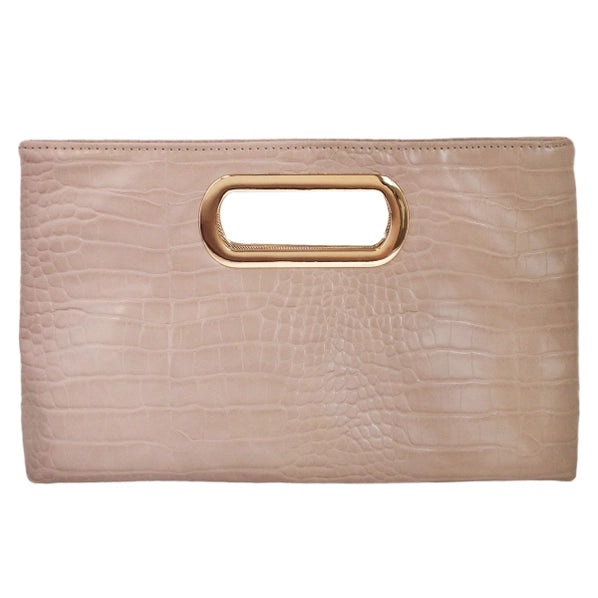 Crocodile Synthetic Leather Top Handle Clutch, Sand