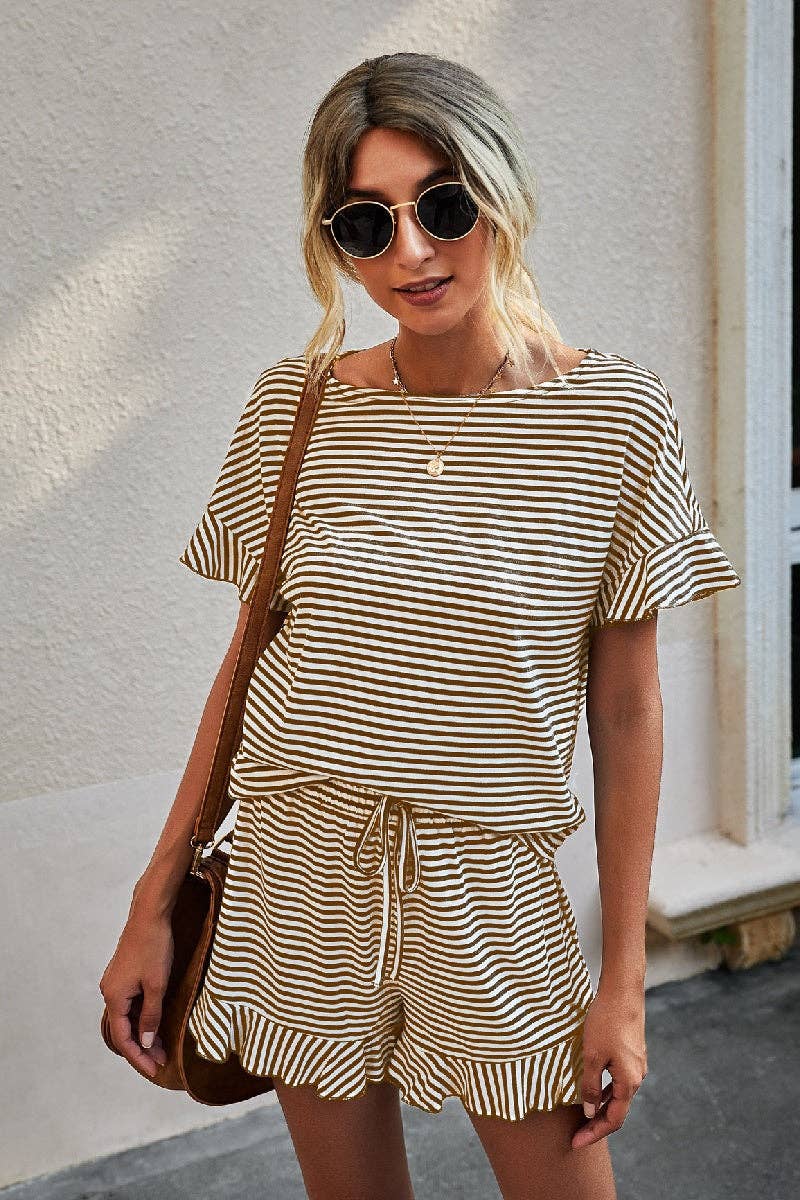 Round Neck Striped Top Short Set - 3 Colors