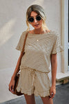 Round Neck Striped Top Short Set - 3 Colors