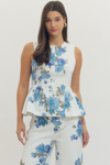 Floral Print Sleeveless Peplum Top - Blue