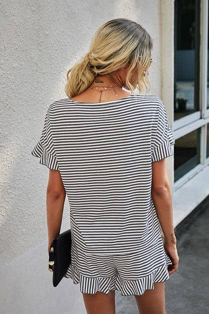 Round Neck Striped Top Short Set - 3 Colors