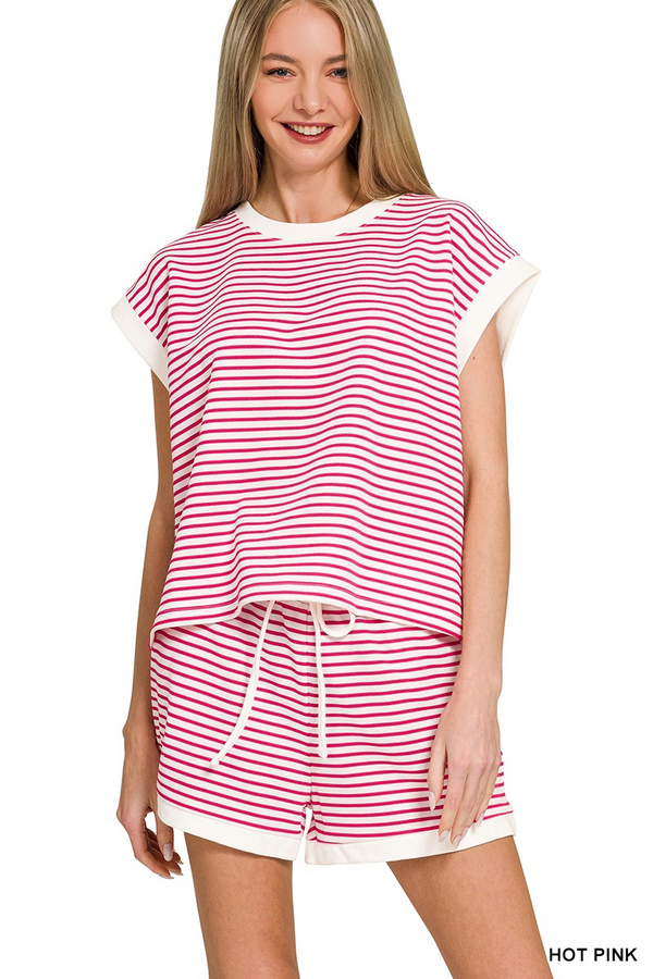 Stripe Contrast Trim Top & Shorts Set - Hot Pink