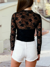 Valentine's Day Mock Neck Floral Lace Mesh Long Sleeve Top