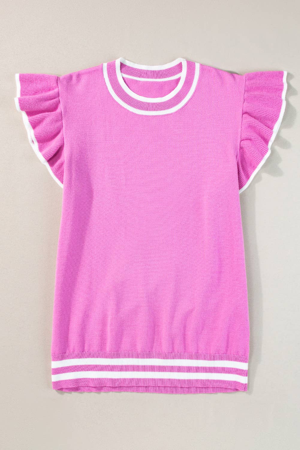 Ruffled Sleeve Round Neck Knit Top Pink
