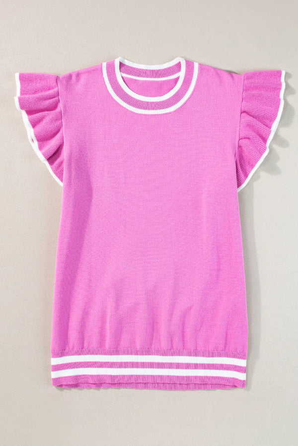 Ruffled Sleeve Round Neck Knit Top Pink