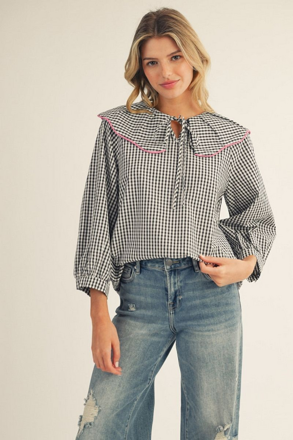3/4 Sleeve Wide Collar Gingham Peasant Top
