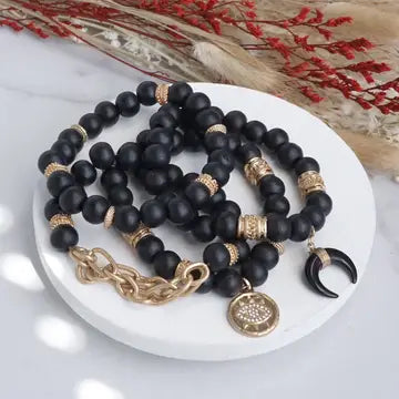 Beaded Boho Bracelets Set of 4 Black