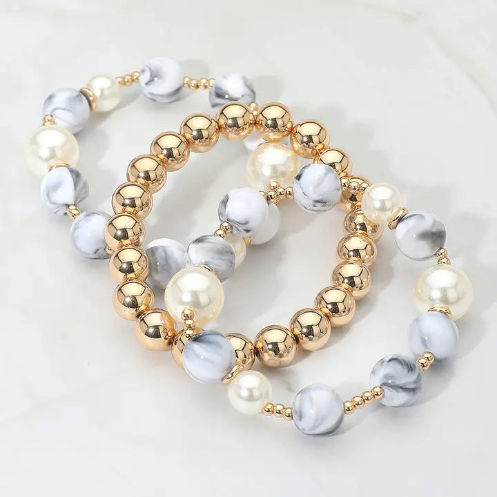 3PCS - Pearl Beaded Stretch Multi Layered Bracelets, White