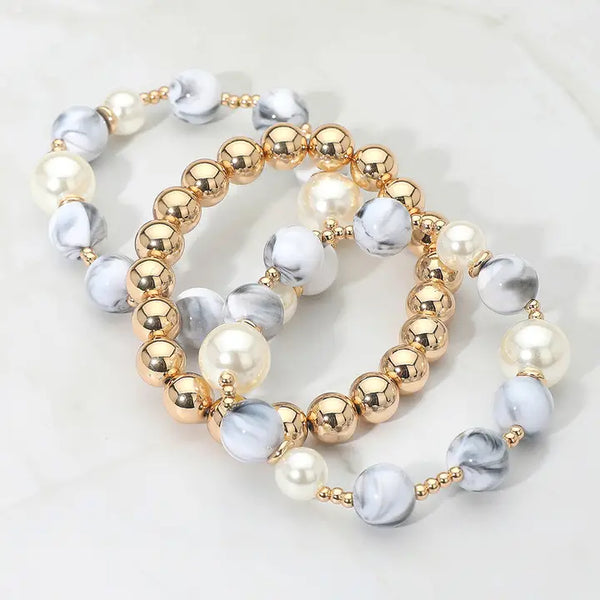 3PCS - Pearl Beaded Stretch Multi Layered Bracelets, White