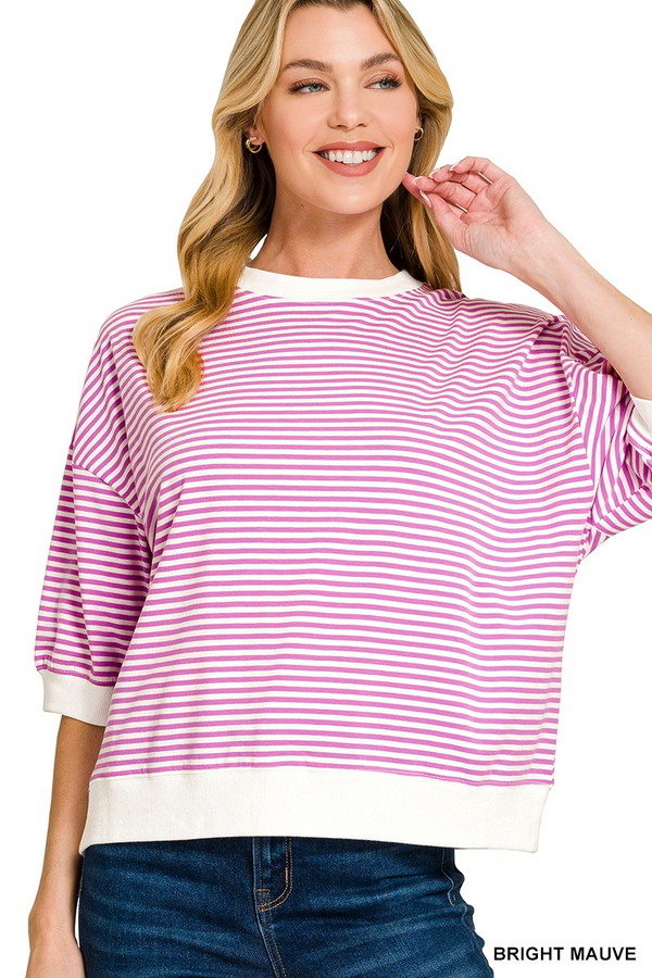 Striped Contrast Trim Banded Bottom Top - Bright Mauve