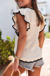 Crochet Eyelet Flounce Ruffle-Sleeved Sweater Top