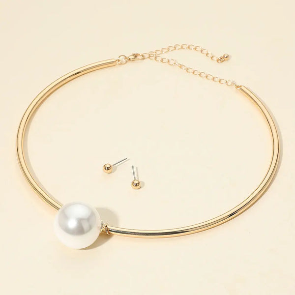 Pearl Statement Choker Necklace W/ Earrings