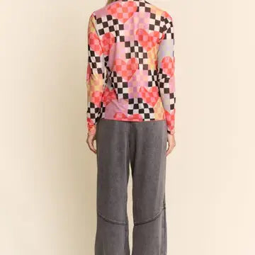 Checkered Heart Mesh Long Sleeve Top