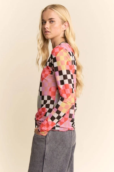 Checkered Heart Mesh Long Sleeve Top