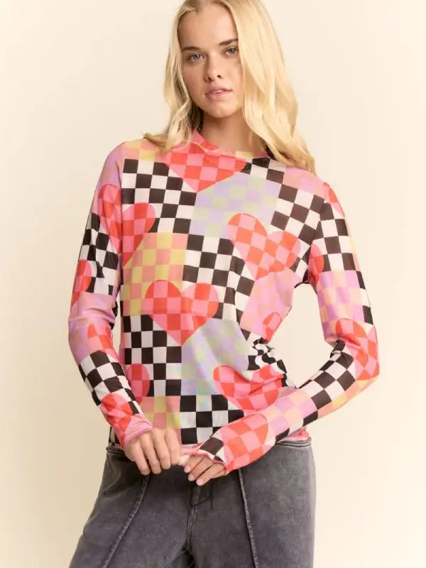 Checkered Heart Mesh Long Sleeve Top