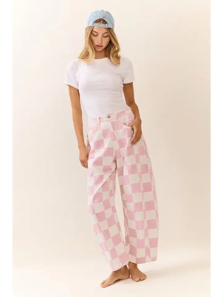 Bubblegum Check Barrel Pants