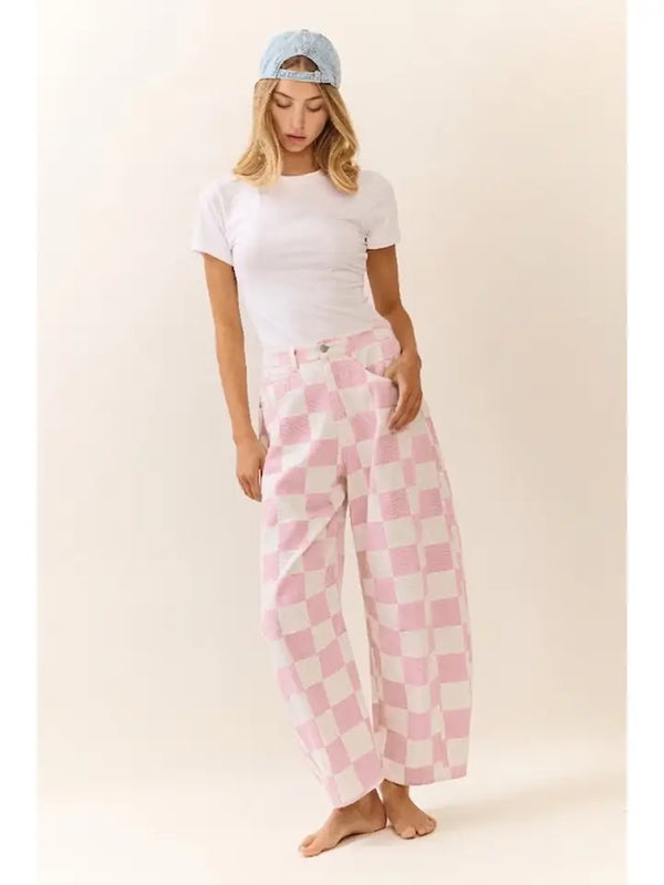 Bubblegum Check Barrel Pants