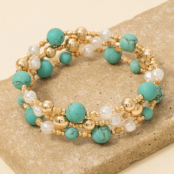 Stone Metallic and Pearl Beaded Bracelet Set