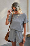 Round Neck Striped Top Short Set - 3 Colors