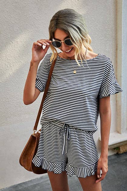 Round Neck Striped Top Short Set - 3 Colors