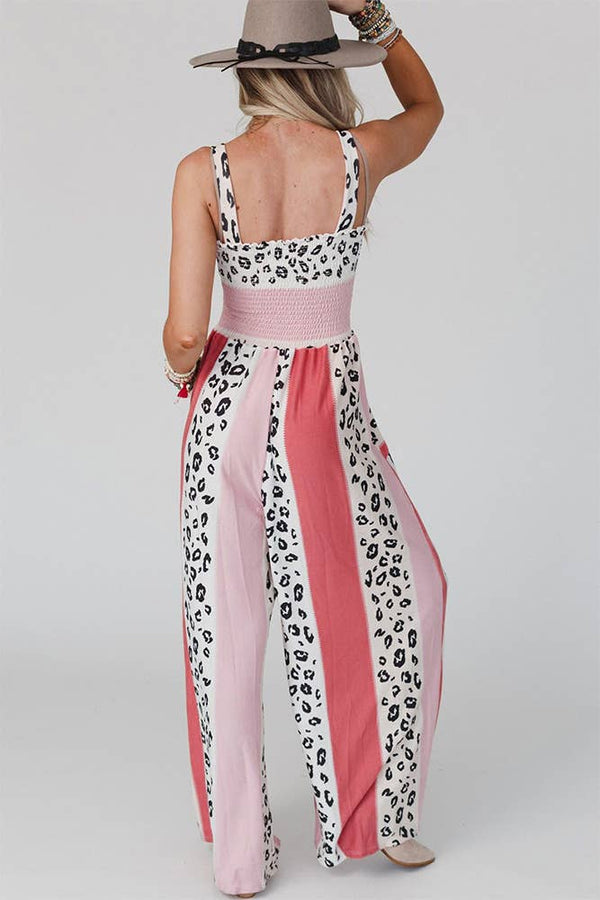 Color Block Leopard Smocked Cami Wide Leg Jumpsuit