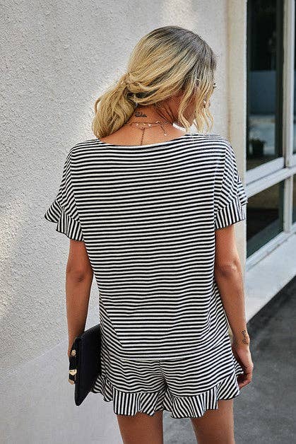 Round Neck Striped Top Short Set - 3 Colors