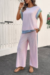 Colorblock Patchwork Short Sleeve Top and Wide Leg Pants