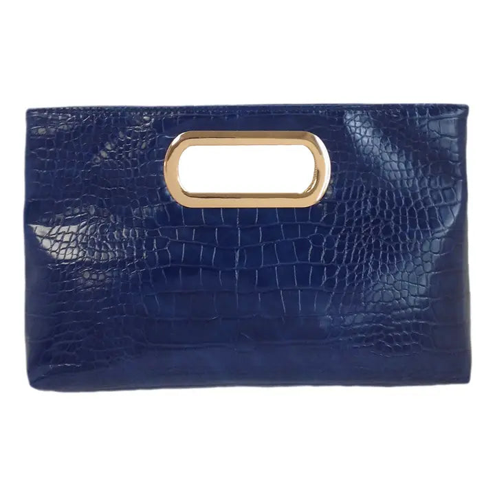 Crocodile Synthetic Leather Top Handle Clutch, Navy