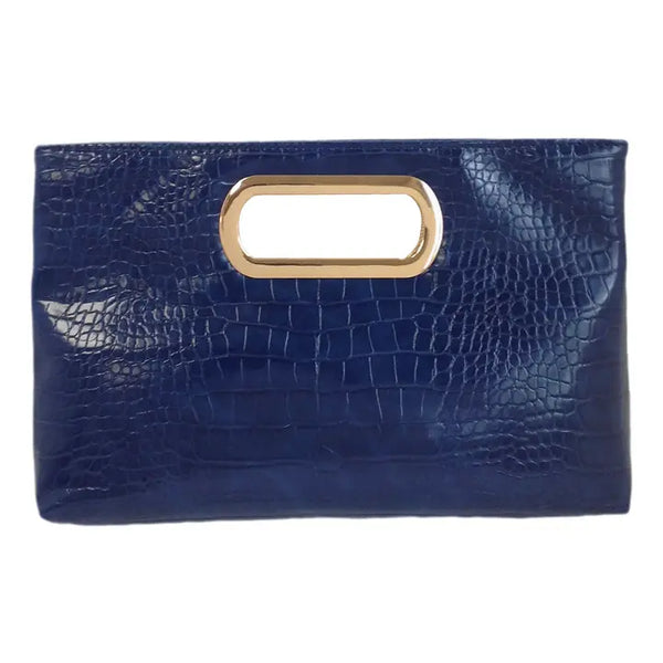 Crocodile Synthetic Leather Top Handle Clutch, Navy