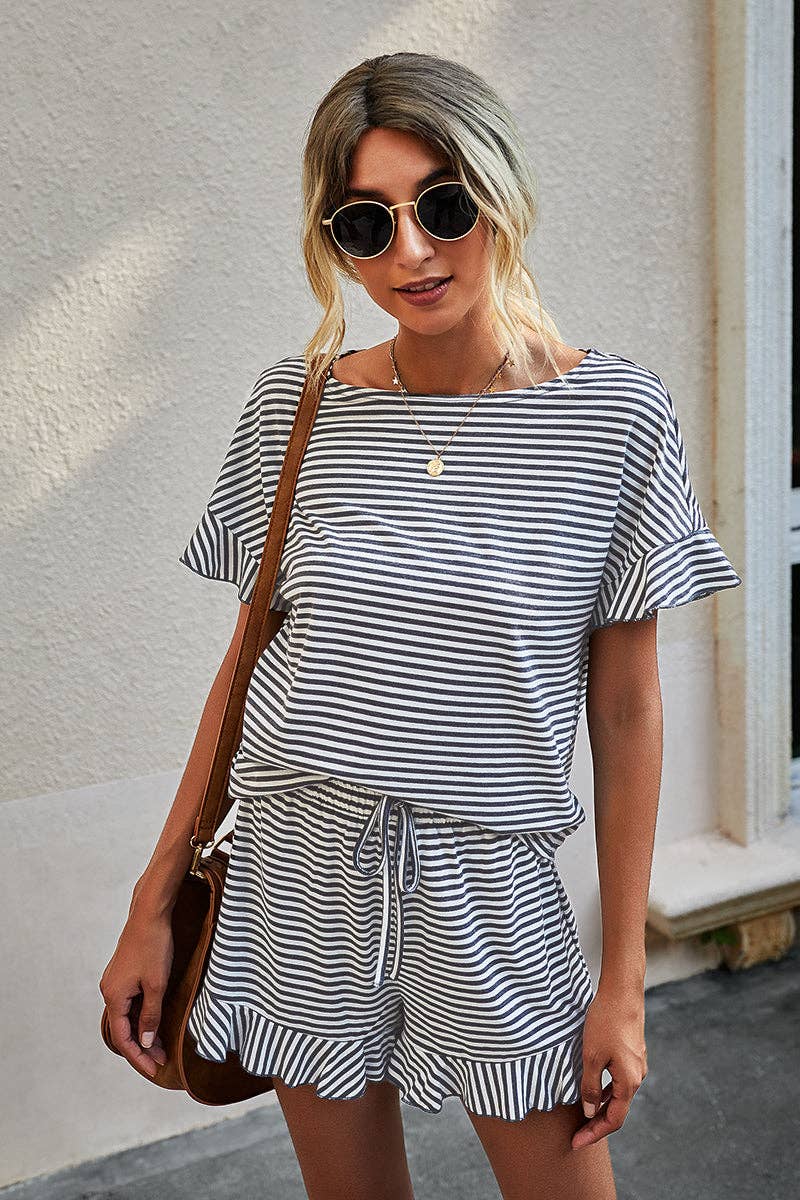 Round Neck Striped Top Short Set - 3 Colors