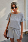 Round Neck Striped Top Short Set - 3 Colors