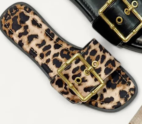 Leopard with Bold Gold Buckle Slip on Sandle